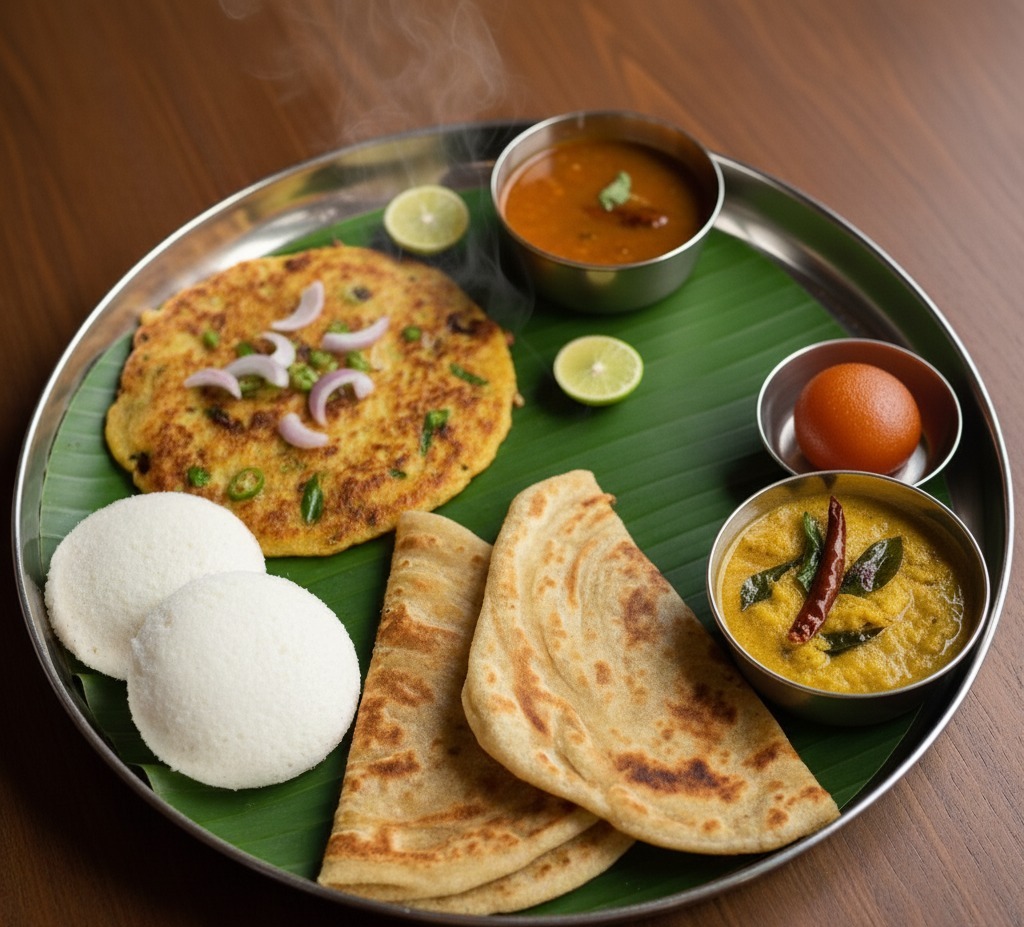 (Idli, Uthappam, Parotta, Veg Stew (or) Dal Fry & Sweet)