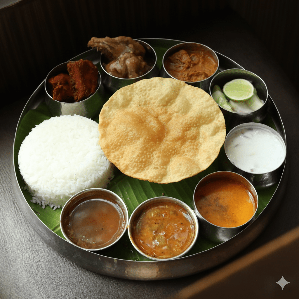 Nattu Kozhi Soup, White Rice, Mutton Fry, Nattu Kozhi Fry, Chicken 65 (Chicken, Mutton, Fish Gravy, Omelette Rasam, Curd, Pickle, Koottu, Payasam)